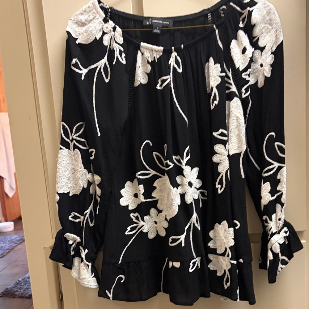 INC International Concepts Black Blouse with White Floral Embroidery